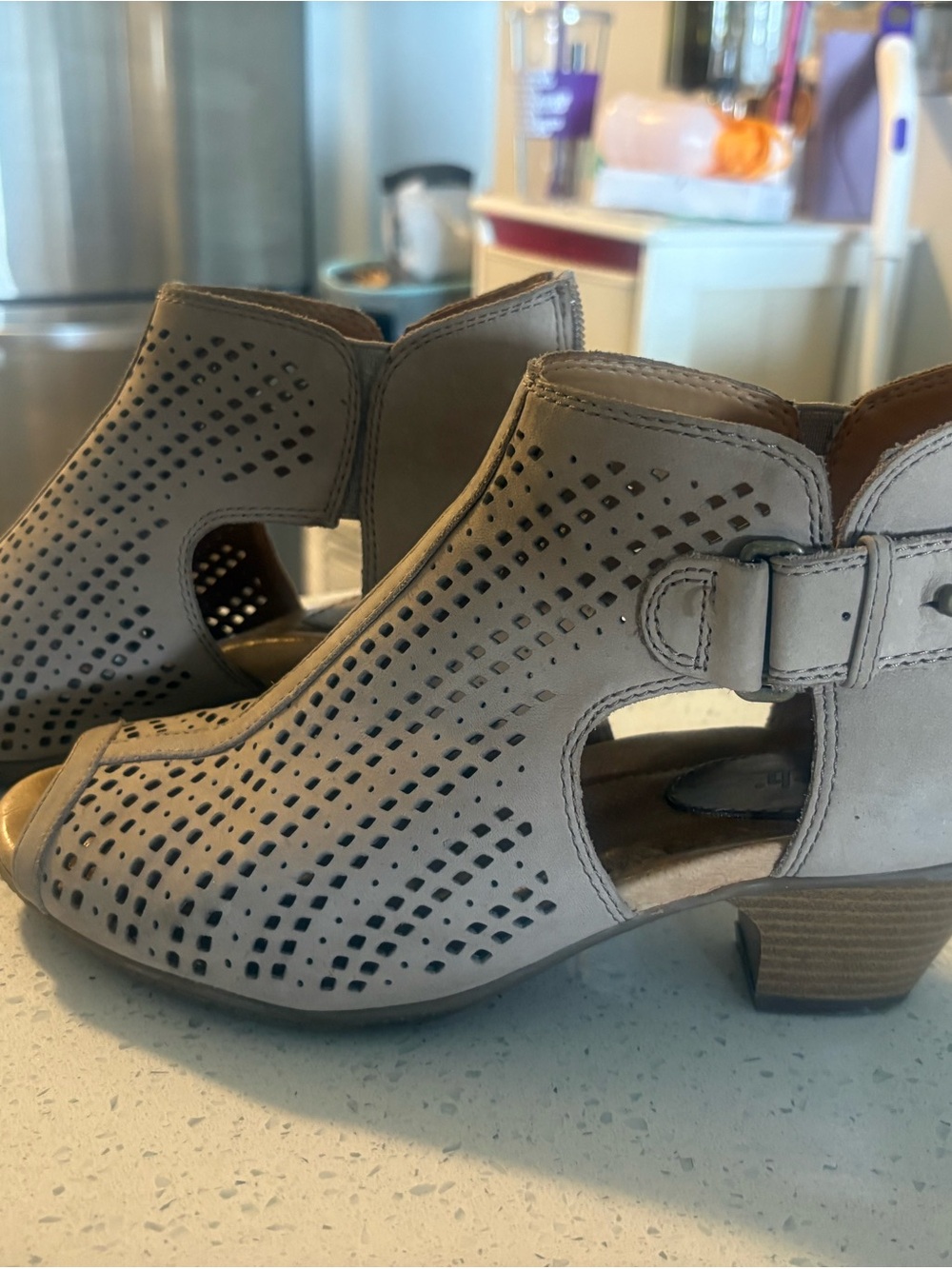 Earth Taupe Perforated Peep-Toe Buckle Block Heel Mules